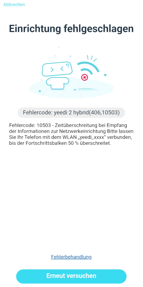 Yeedi 2 -  Fehlercode 10503 bei Netzwerkeinrichtung